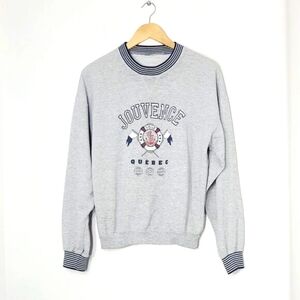 Voile Vintage Navy Blue Gray Striped Jouvence Québec Crewneck Casual Sweatshirt